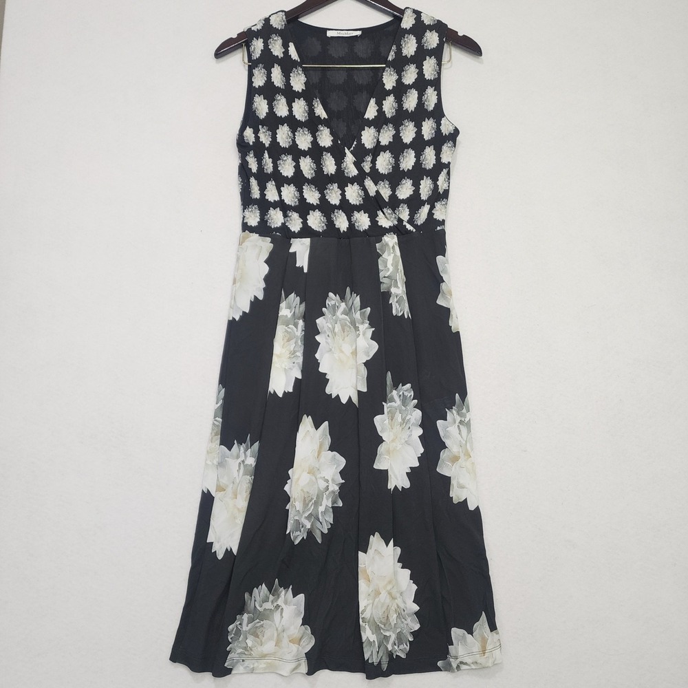 Max Mara Maxi Dress Womens 40 Black White Floral Rayon Wrap Neck Sleeveless - Picture 1 of 9